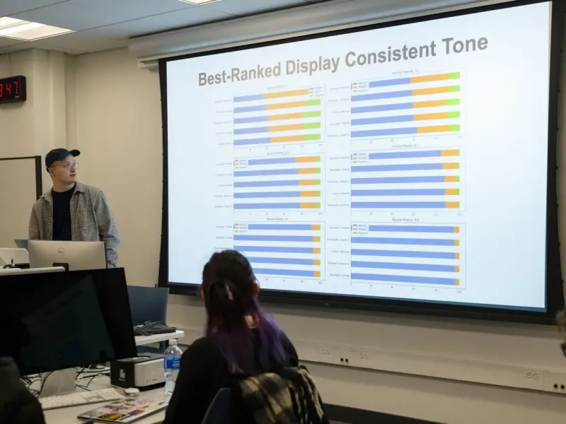 John Rose, a graduate student in the Department of English, presents a final project in the Coding for Humanists course.