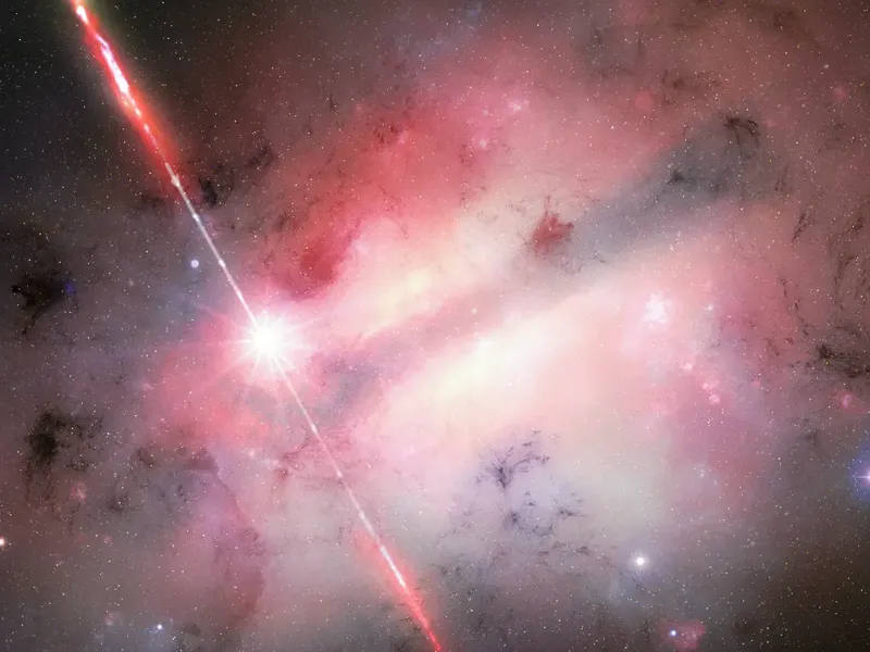 This artist’s concept depicts GRB 250702B (left of center) erupting within its host galaxy.